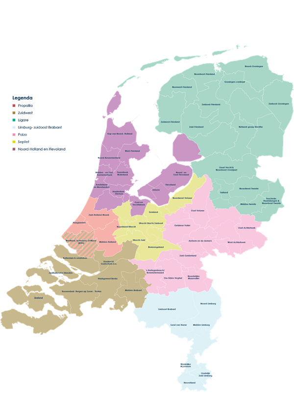 Kaart van Nederland met daarop alle netwerken palliatieve zorg