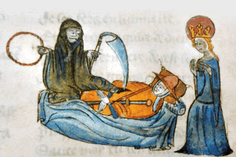 Tekening ´Dood en sterven´ (1370) door Guillaume de Digueleville